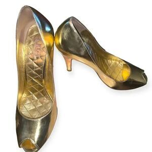 JLO Maya gold peep toe heels